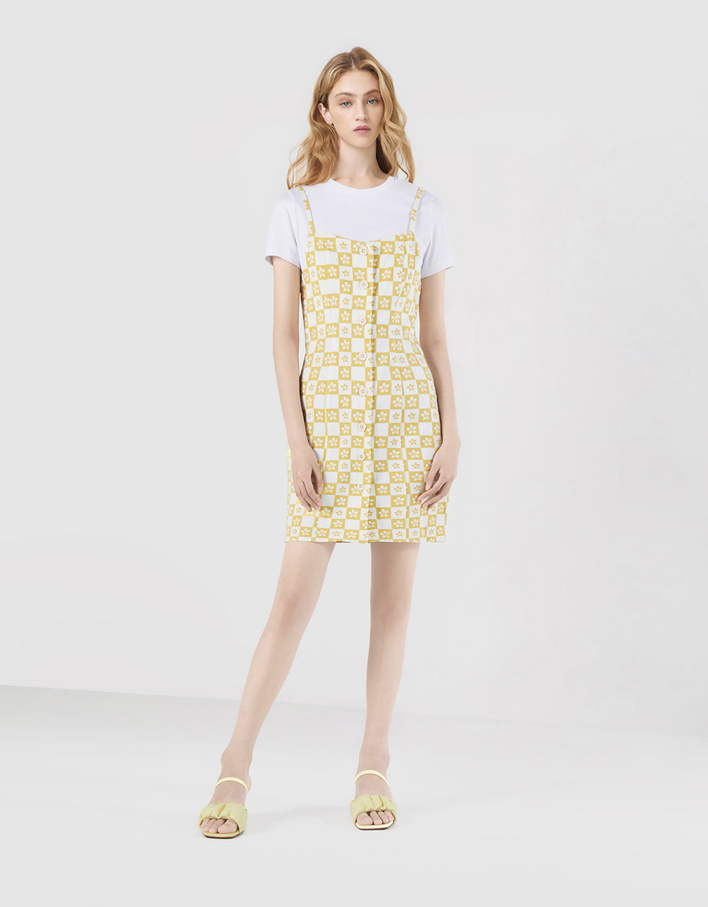 2 In 1 Checkered Floral Denim Dress W_Denim Dresses Urban Revivo Fashion Yellow XS