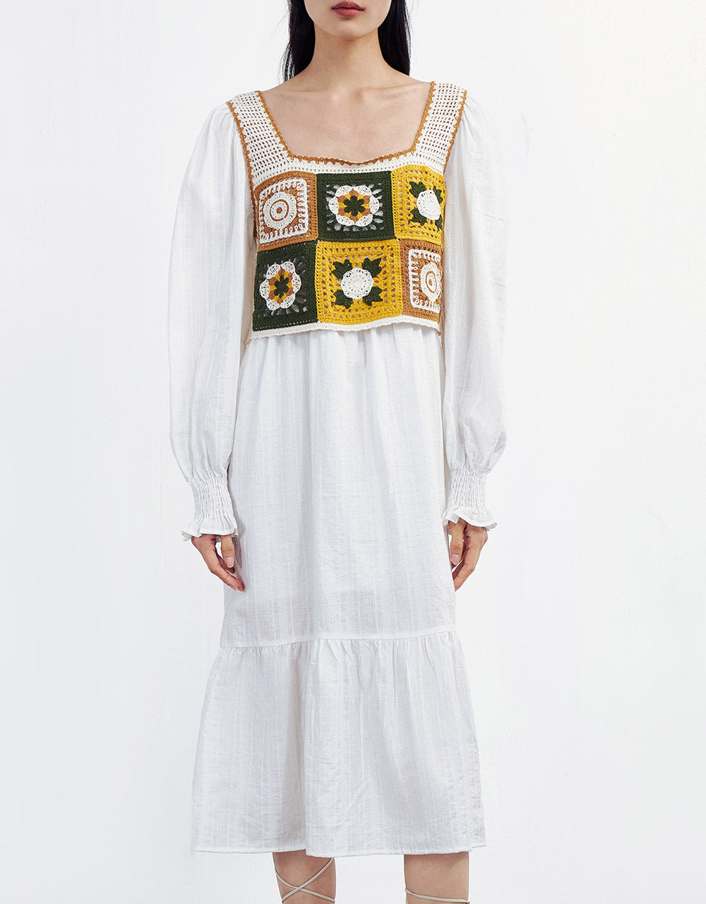 페이크 투피스 크로셰 퍼프 슬리브 드레스