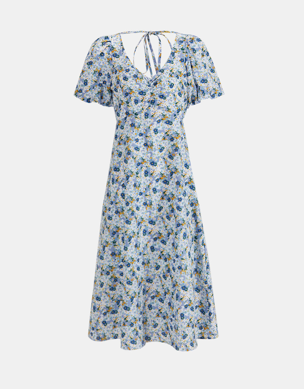 플로럴 프린트 플리츠 프론트 브이넥 미디 드레스