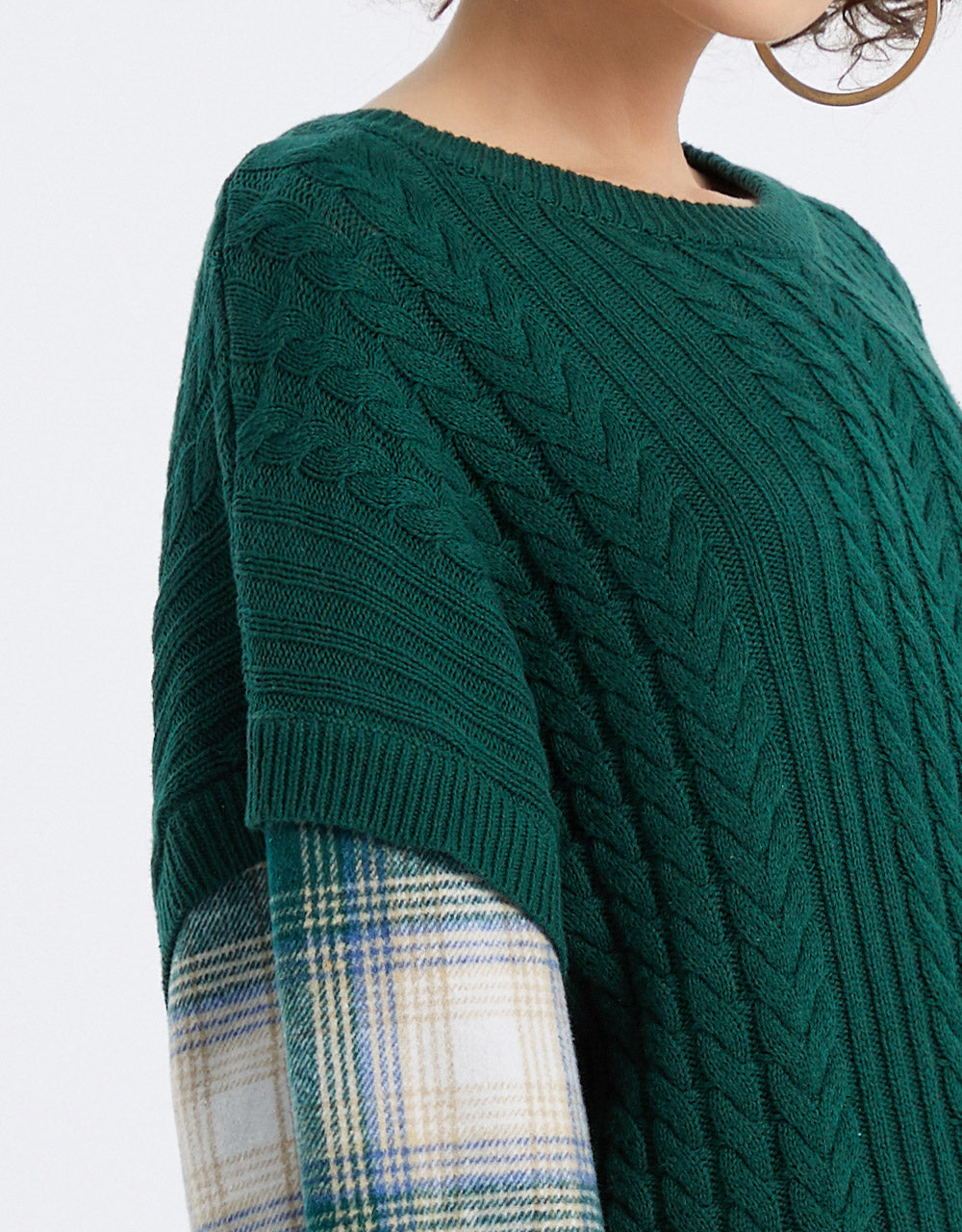 체크 무늬 패턴 소매 스플라이스 스웨터 드레스