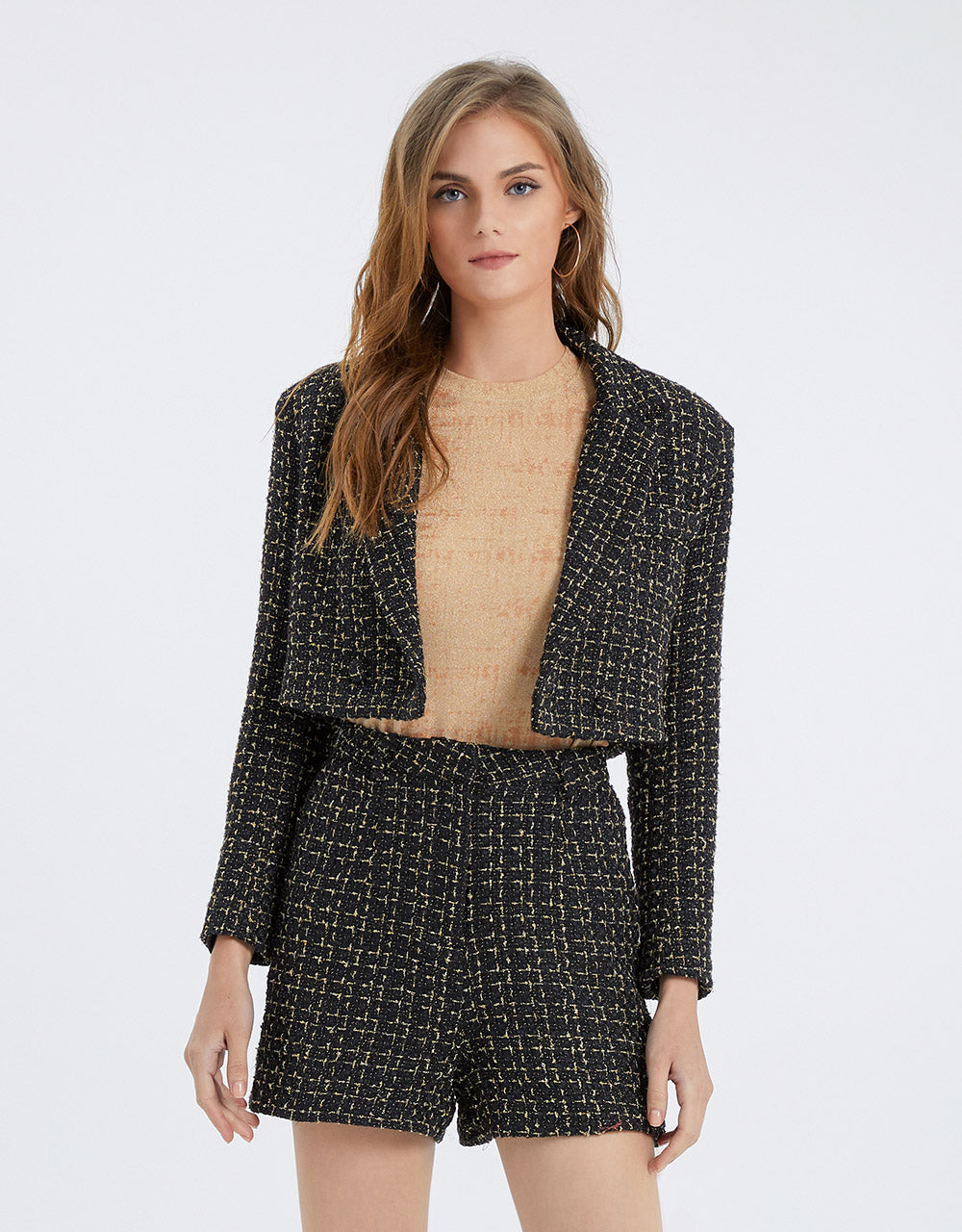 체크무늬 트위드 크롭 재킷