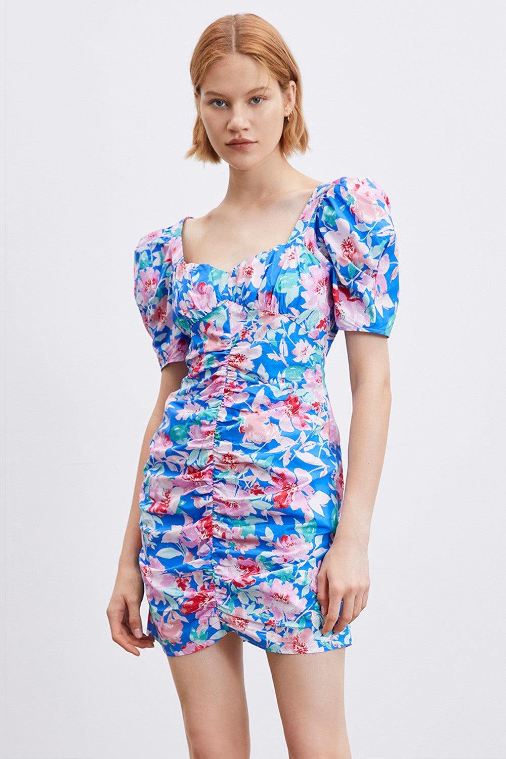 퍼프 소매 U넥 A-Line 드레스