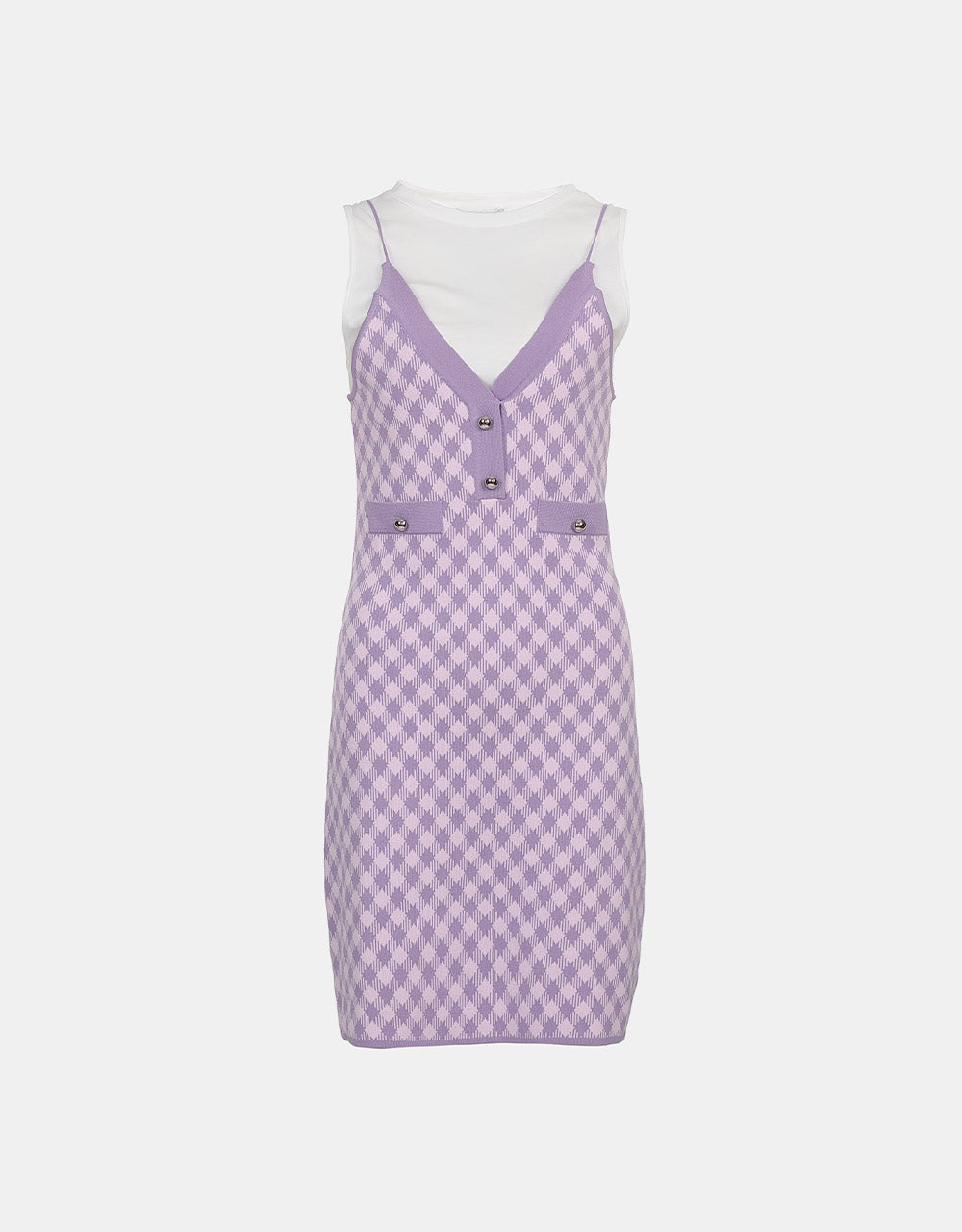 페이크 투피스 체크무늬 슬리브리스 니트 드레스
