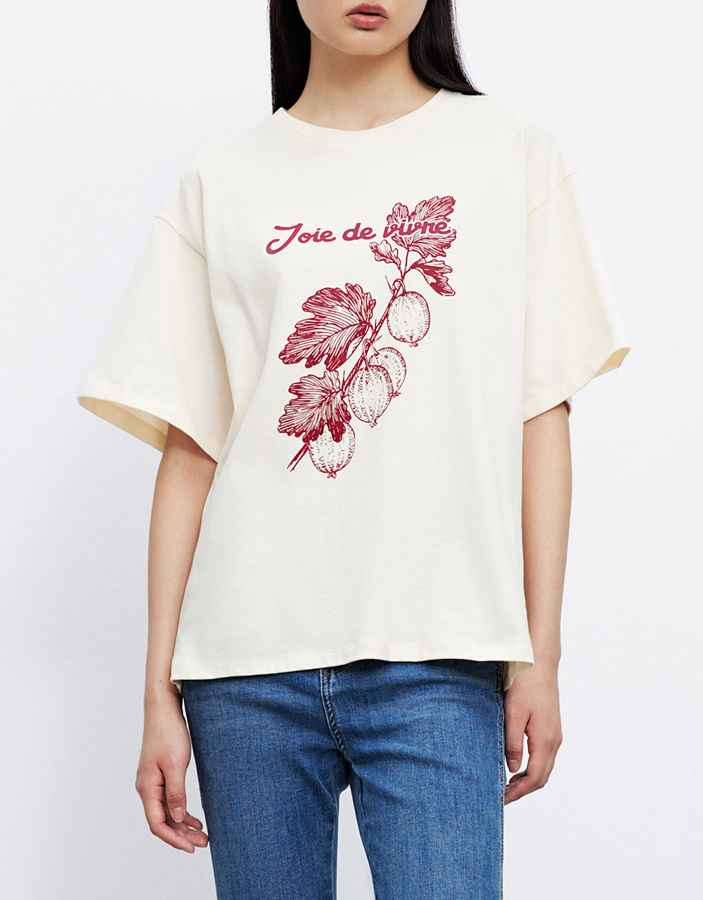 레터 &amp; 프루트 프린트 드롭 숄더 티셔츠